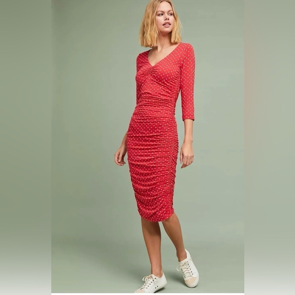 Moulinette Soeurs x Anthropologie Medea Ruched Column Dress In Red Floral‎ Dot L